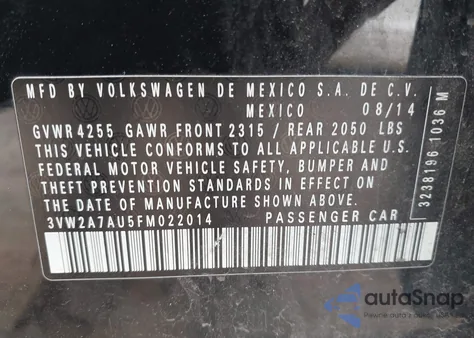 2015 Volkswagen Golf Tdi Se 4-Door из США, поврежденный, VIN 3VW2A7AU5FM022014